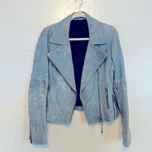 GESTUZ Fitted Distressed Soft Leather Blue Zipper Jacket 38